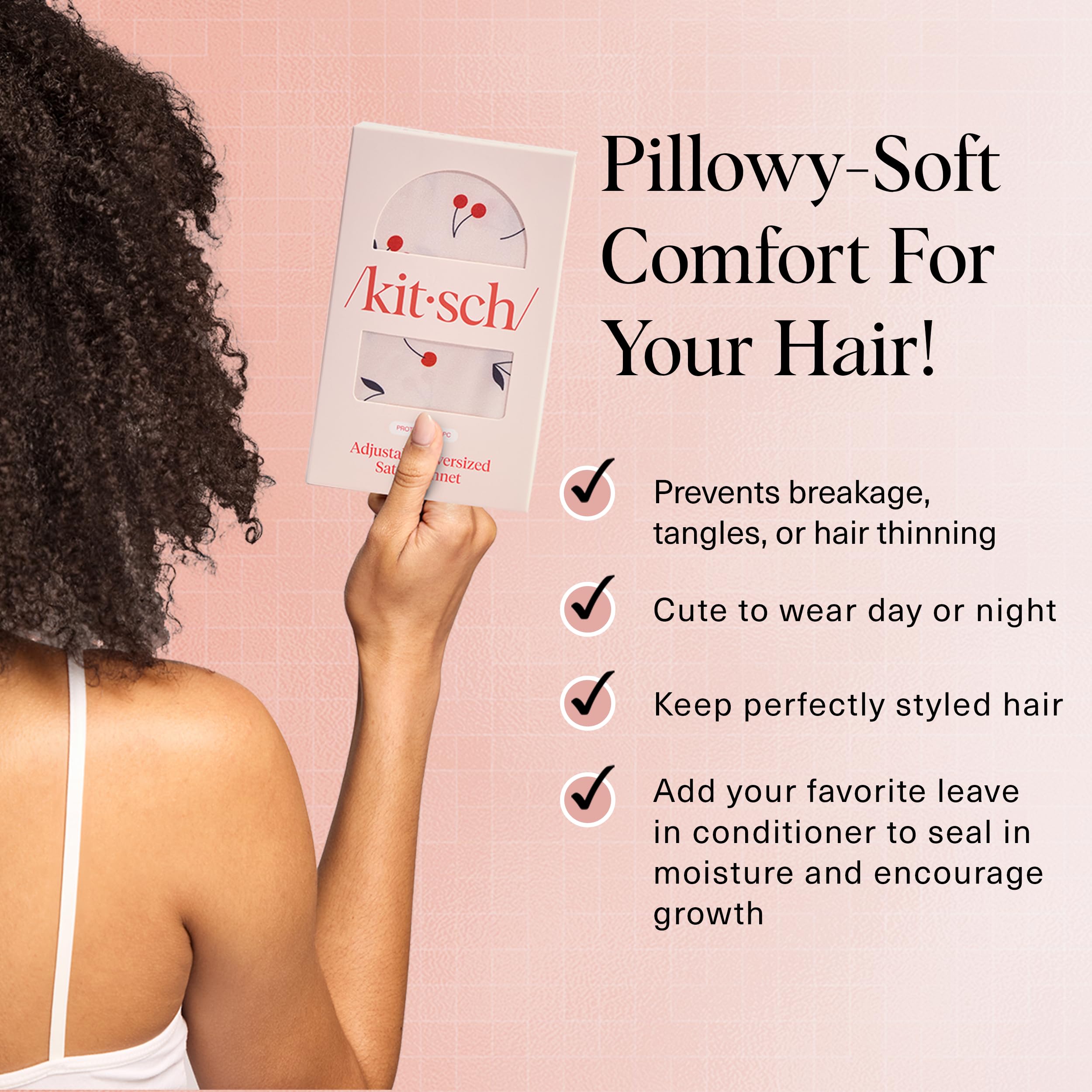 Kitsch XL bonete satinado para dormir, reduce frizz y preserva rizos durante la noche.
