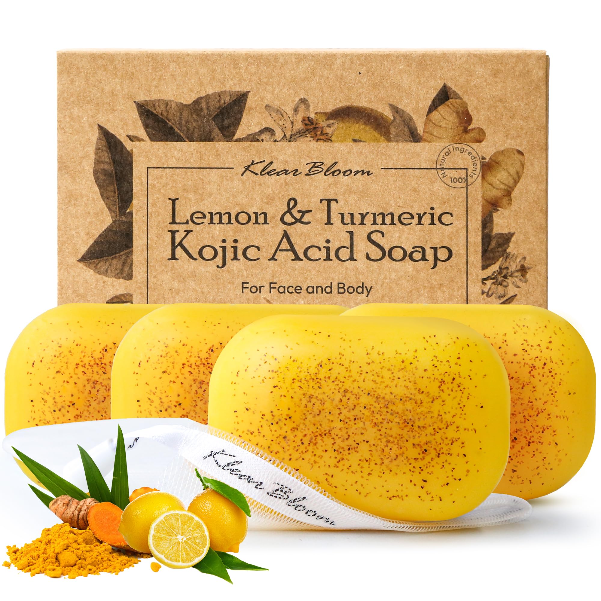 KlearBloom jabon limon-curcuma, iluminación suave del tono de piel.