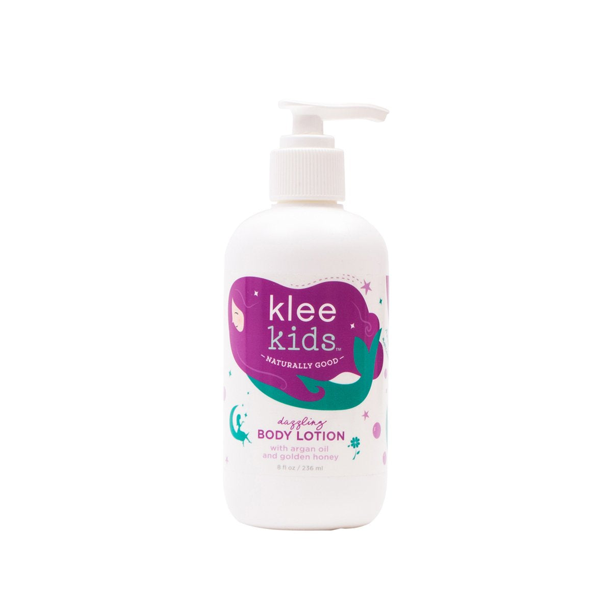 Loción Luna Star de Klee Naturals con argán y miel, botella elegante para piel sensible.
