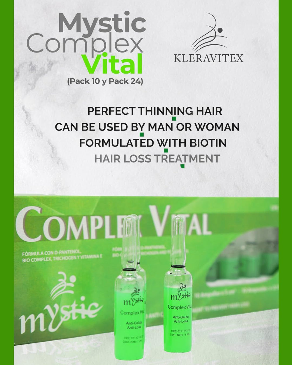 Kleravitex Mystic Vital Ampollas: detalle de biotina y tocoferol para la nutrición capilar.