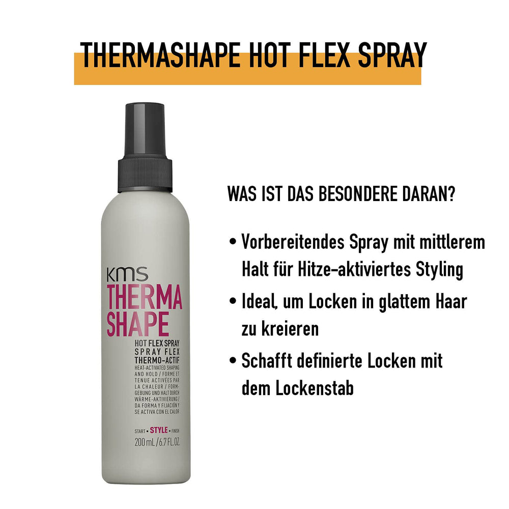 KMS ThermaShape Hot Flex Spray aplicado para rizos definidos con plancha.