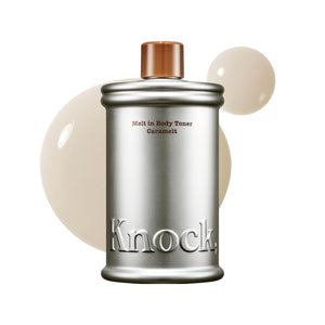 Tonificador corporal Knock, botella de vidrio, hidratación suave y rápida absorción.