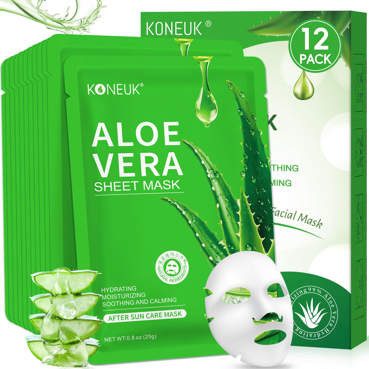 KONEUK Mascarillas Aloe Vera 12-pack, conjunto completo para hidratar la piel.