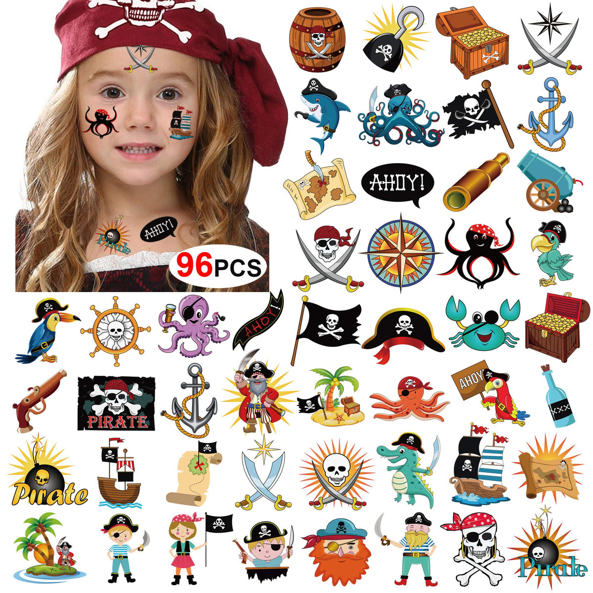 Konsait tatuajes piratas, paquete de 96 piezas, ideal para fiestas infantiles