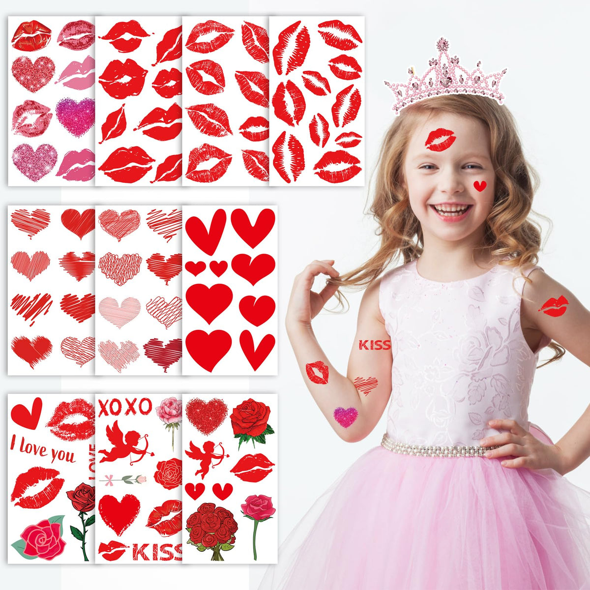 Konsait tatuajes temporales San Valentín: corazones y labios para expresión divertida