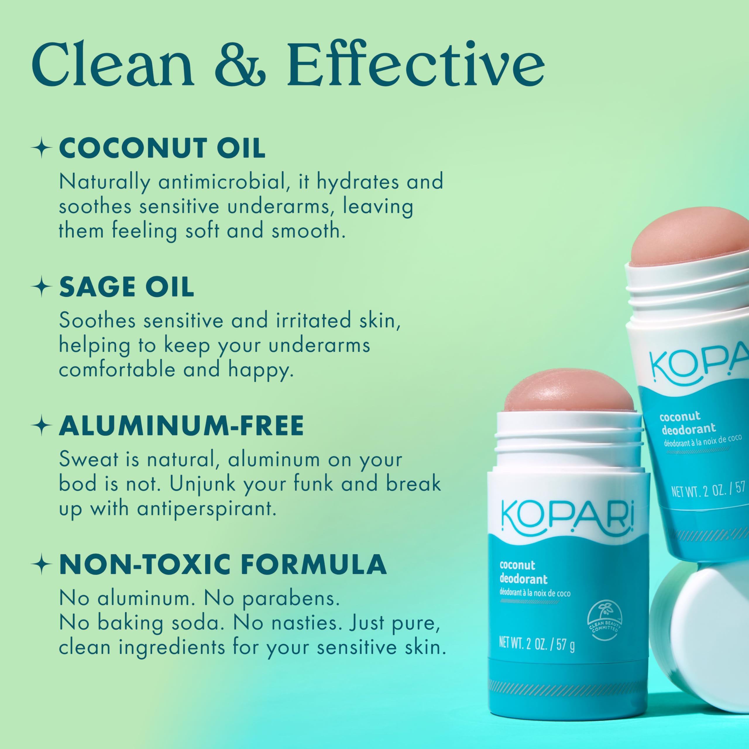 Kopari Desodorante Coco sin aluminio, aroma coco original que perdura.