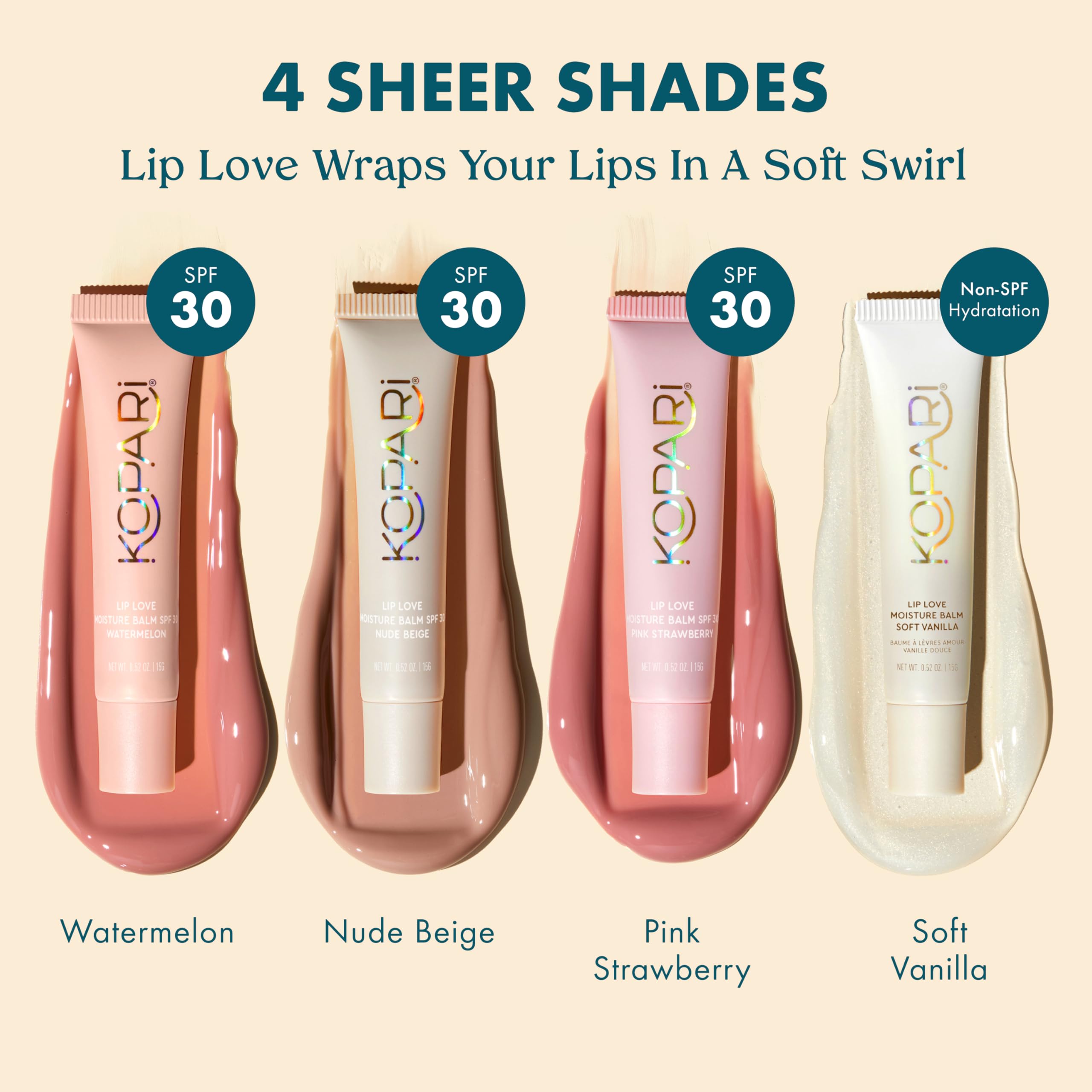 Kopari Lip Love con hialuronato de sodio y ceramidas para labios hidratados.
