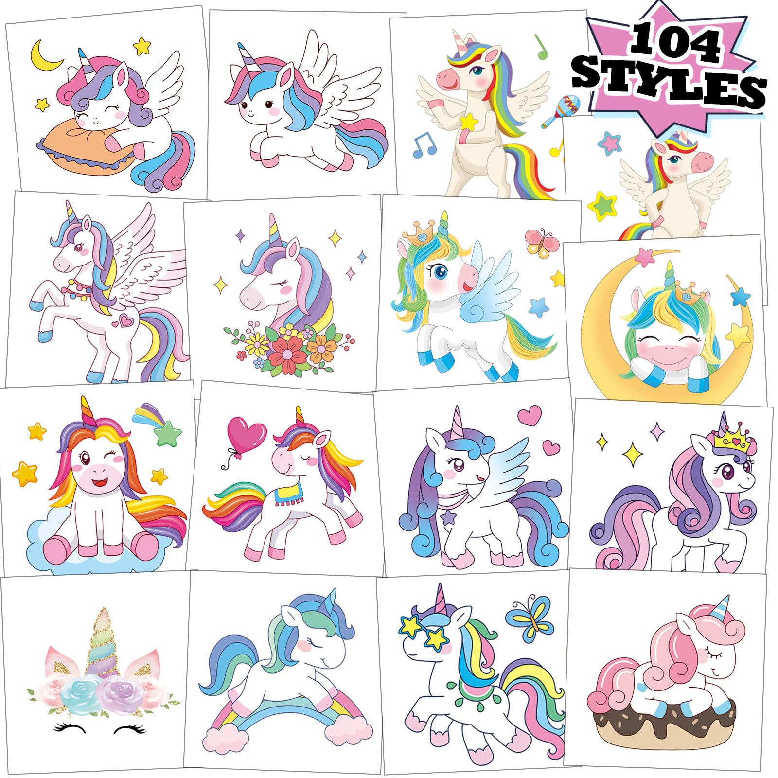 Kopokita tatuajes temporales unicornio, 104 diseños, ideales para fiestas infantiles y alegría instantánea.