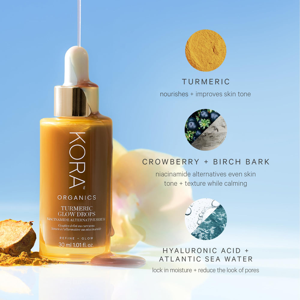 KORA Organics Turmeric Glow Drops aroma cítrico suave para despertar la piel