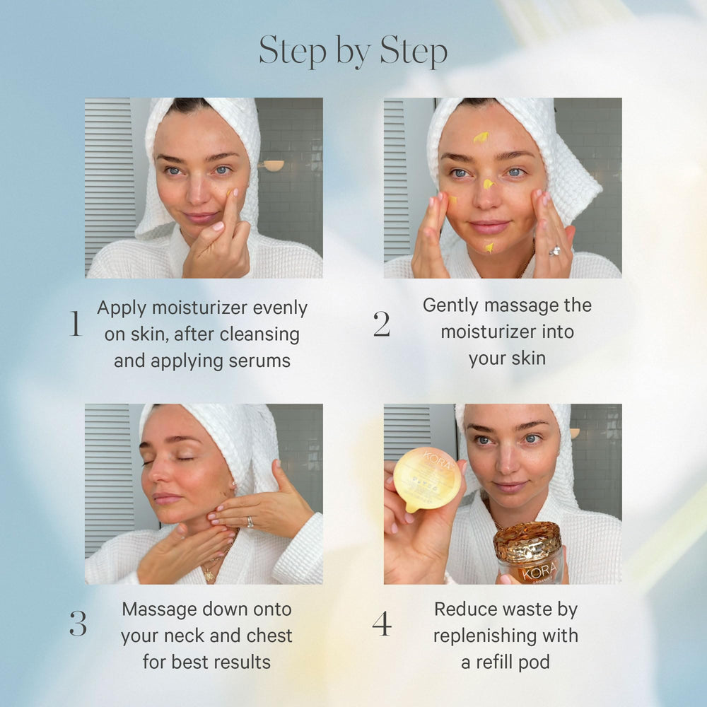 KORA Organics Turmeric Glow aplicación diurna y nocturna en piel limpia.