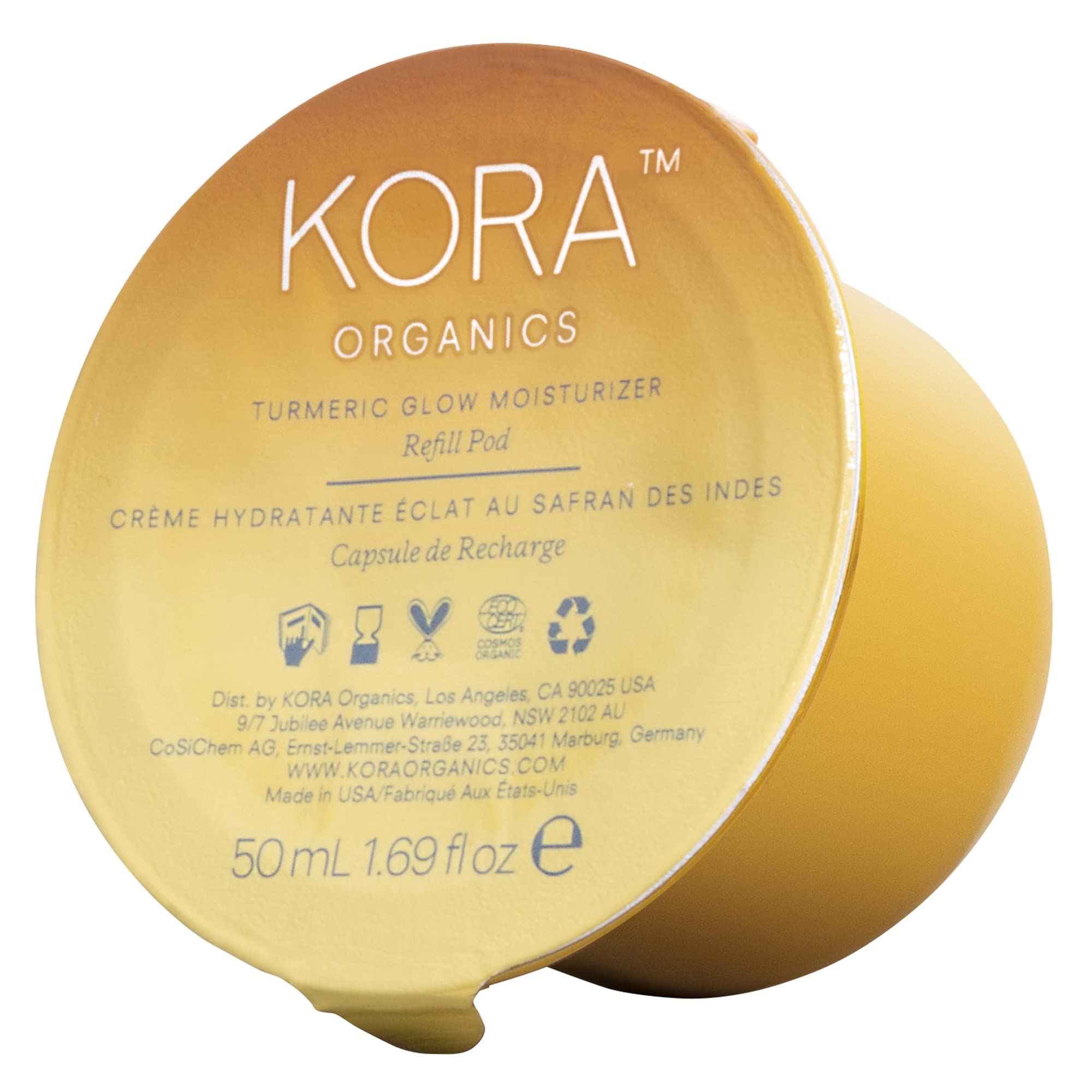 KORA Organics Turmeric Glow crema frente tarro, hidratación suave y piel radiante.