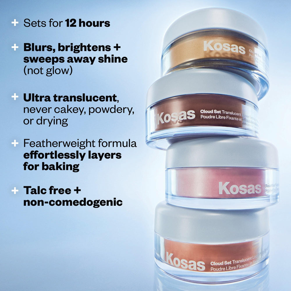 Kosas Cloud Set polvo sin talco, apto para piel sensible y ojos cómodos.
