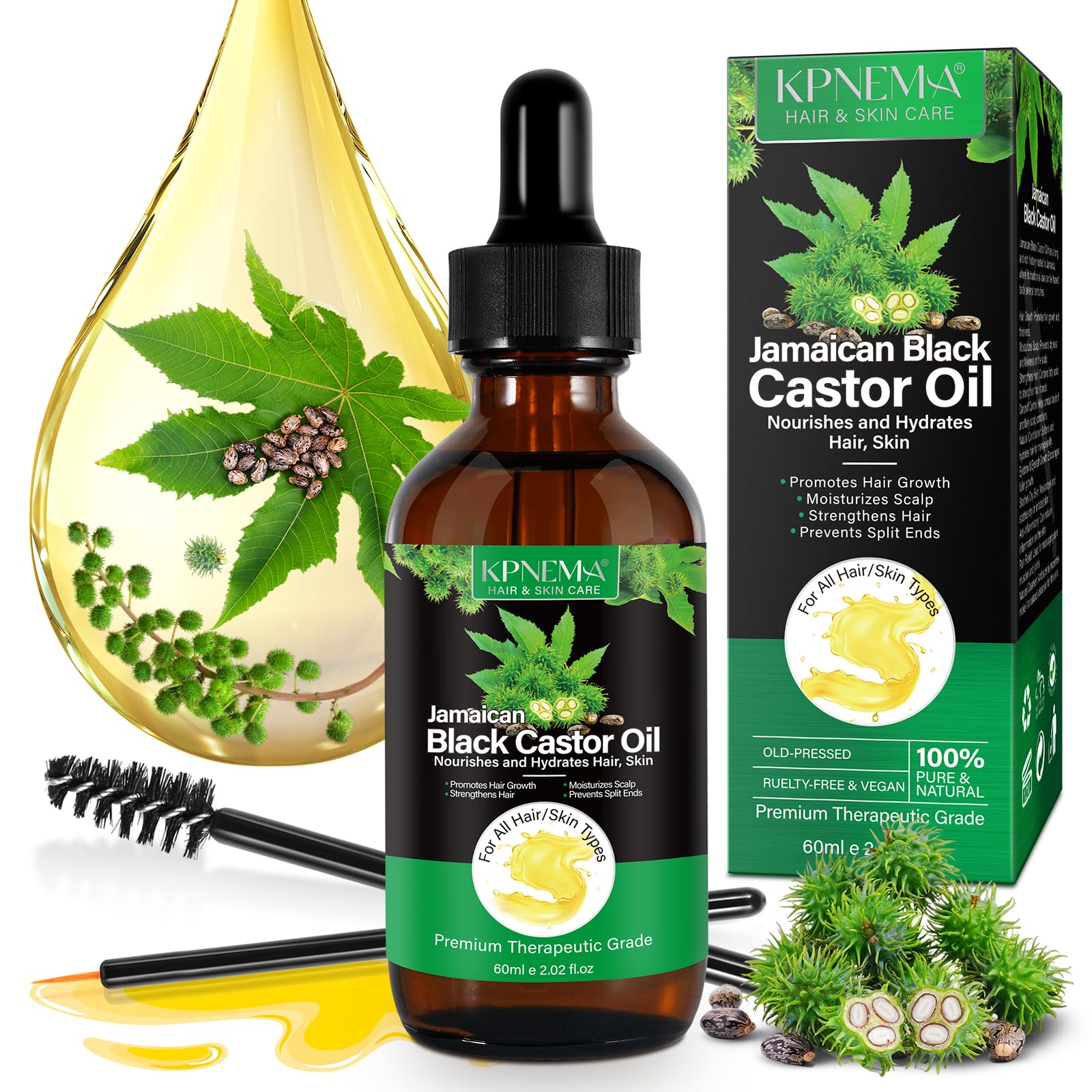 KPNEMA Aceite de ricino negro jamaicano en botella, hidrata y fortalece el cabello