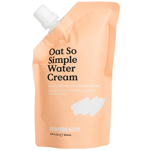 KraveBeauty Oat So Simple Water Cream en botella, hidratación ligera para piel sensible.