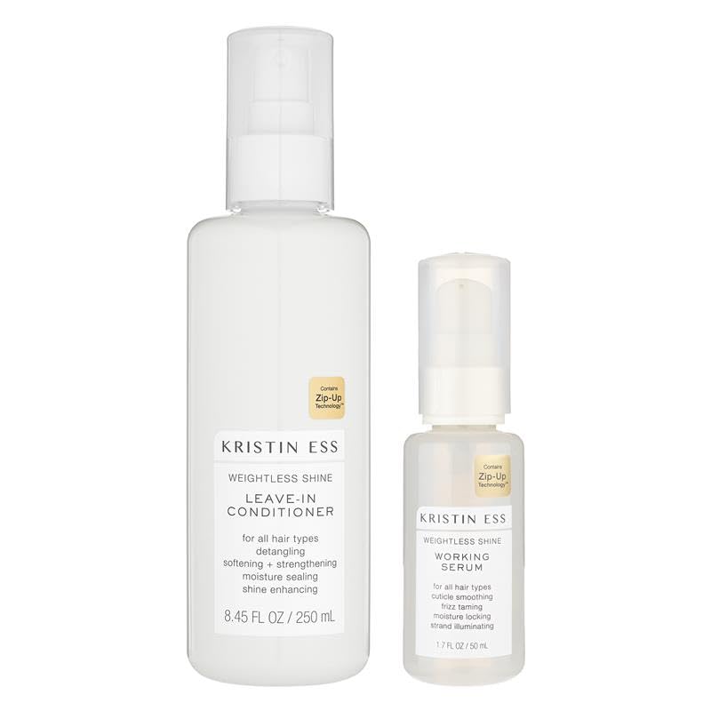 Acondicionador sin enjuague Kristin Ess en botella, hidratación ligera para cabello suave.