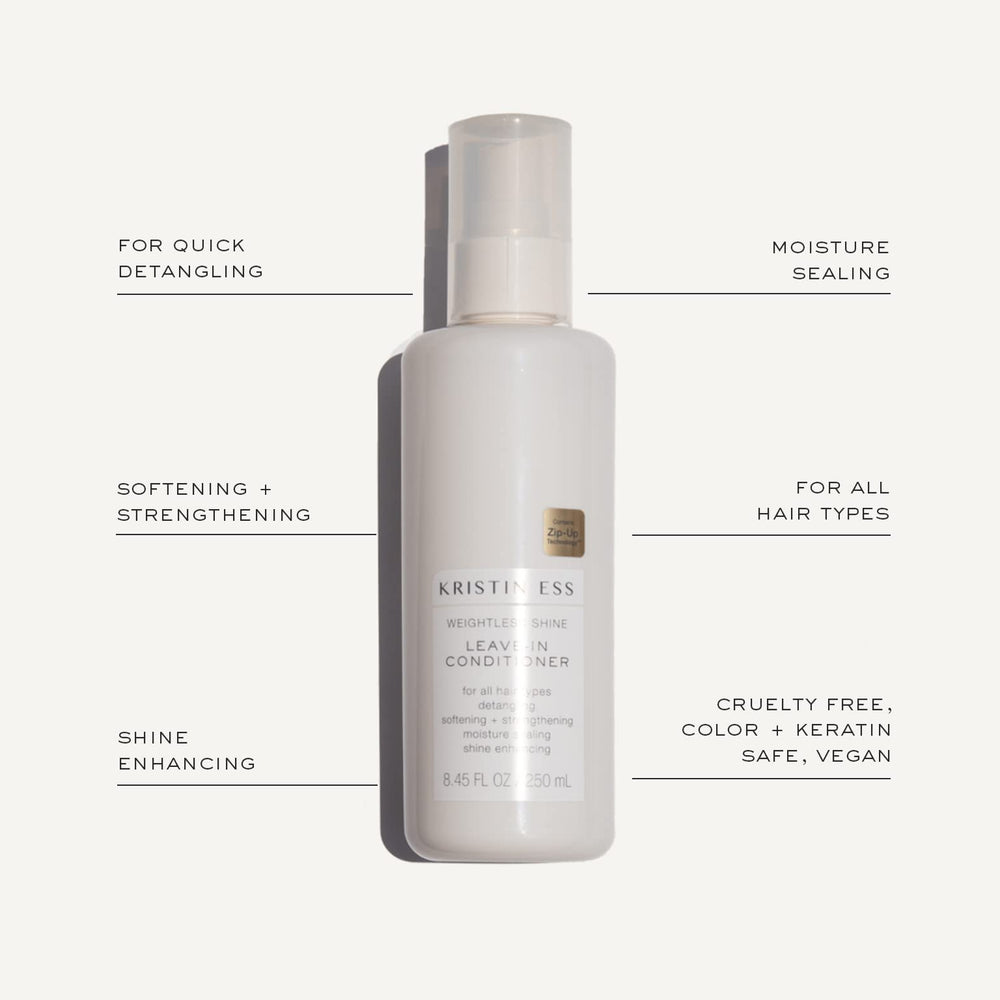 Dúo Kristin Ess, productos para cabello, empaque compacto para uso diario.