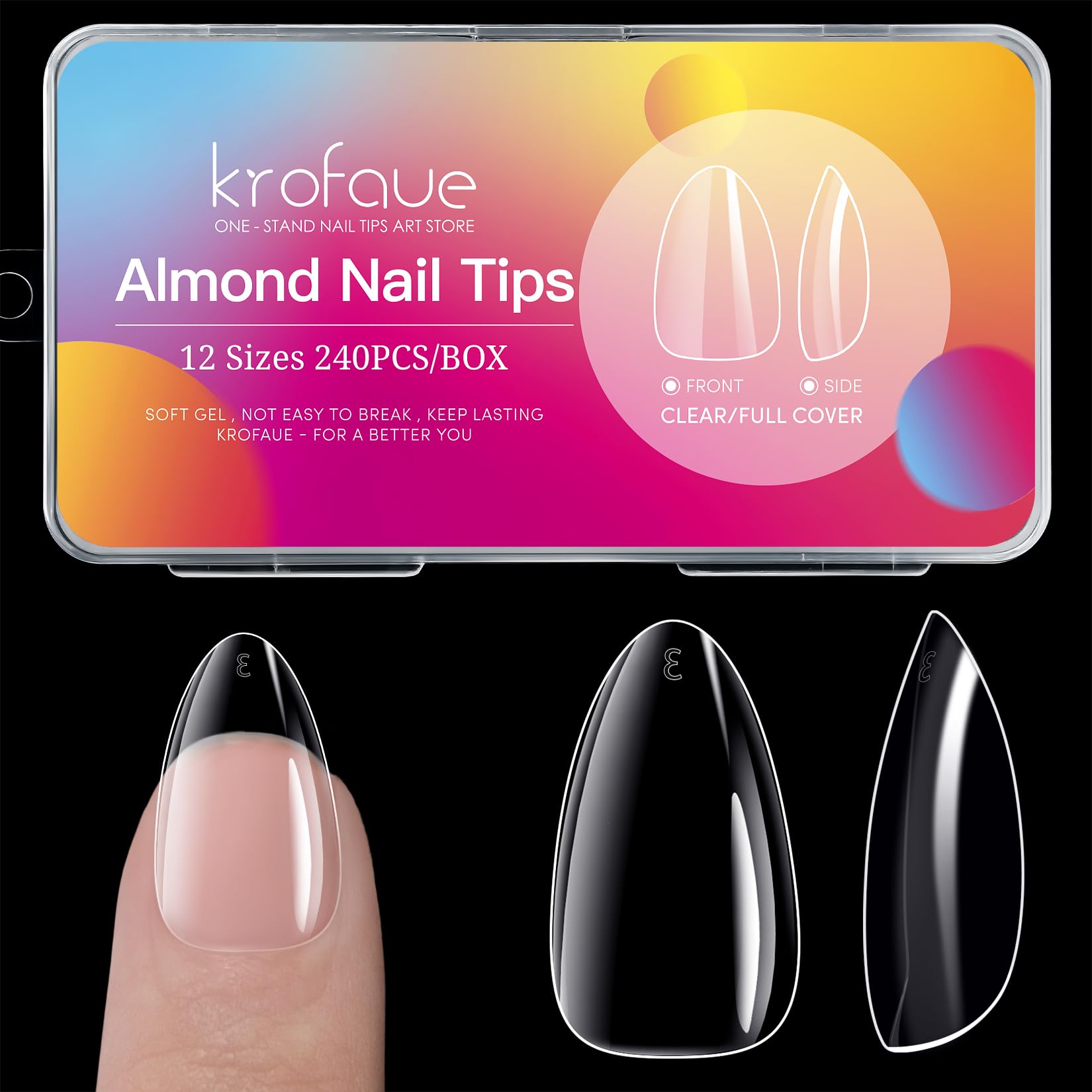 Krofaue tips uñas almendra transparentes para un acabado limpio y natural.