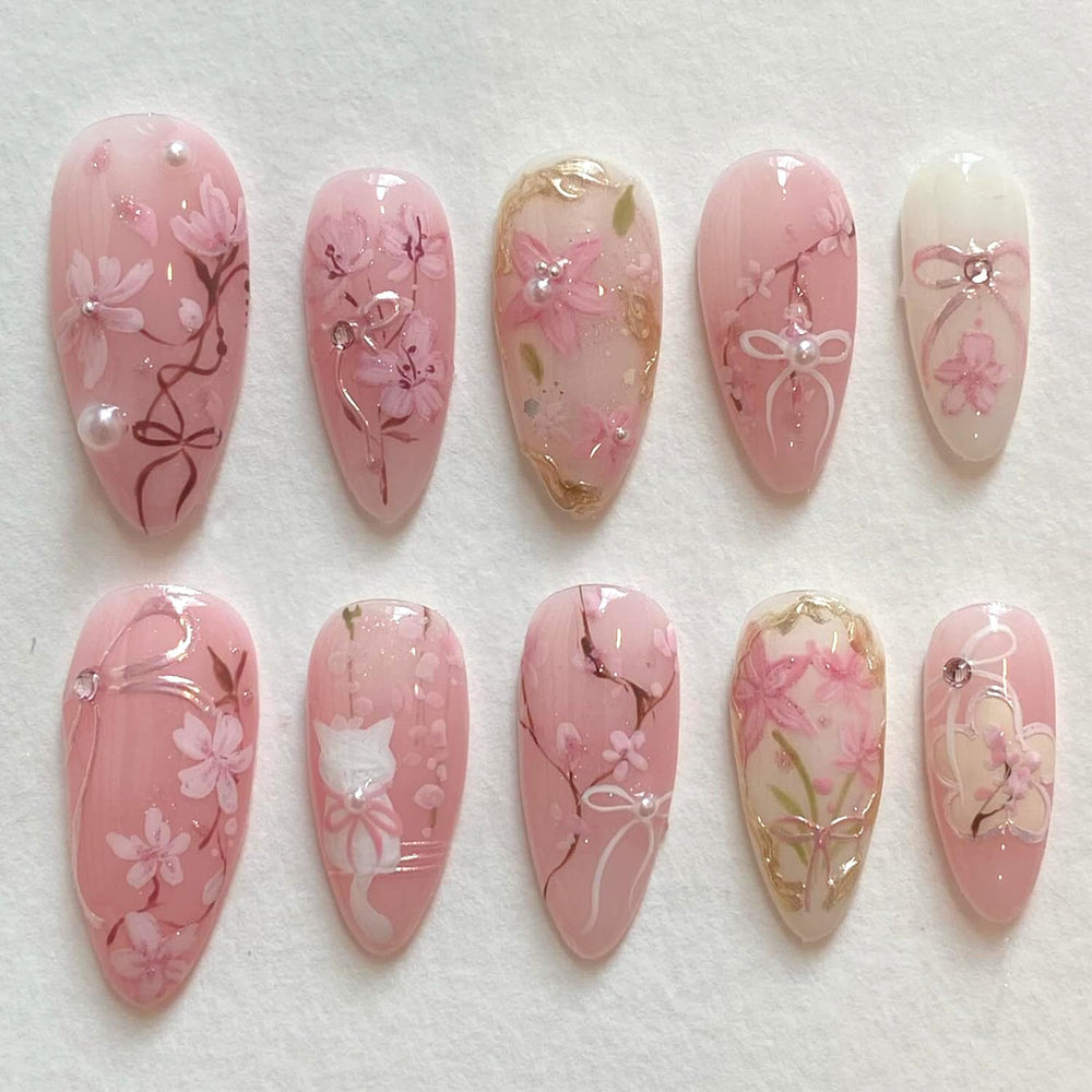 KRTBKR uñas postizas rosas primavera en almendra para manicura rápida