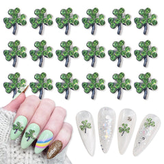 KTAABTR adorno trébol 3D verde con diamante para uñas brillantes.