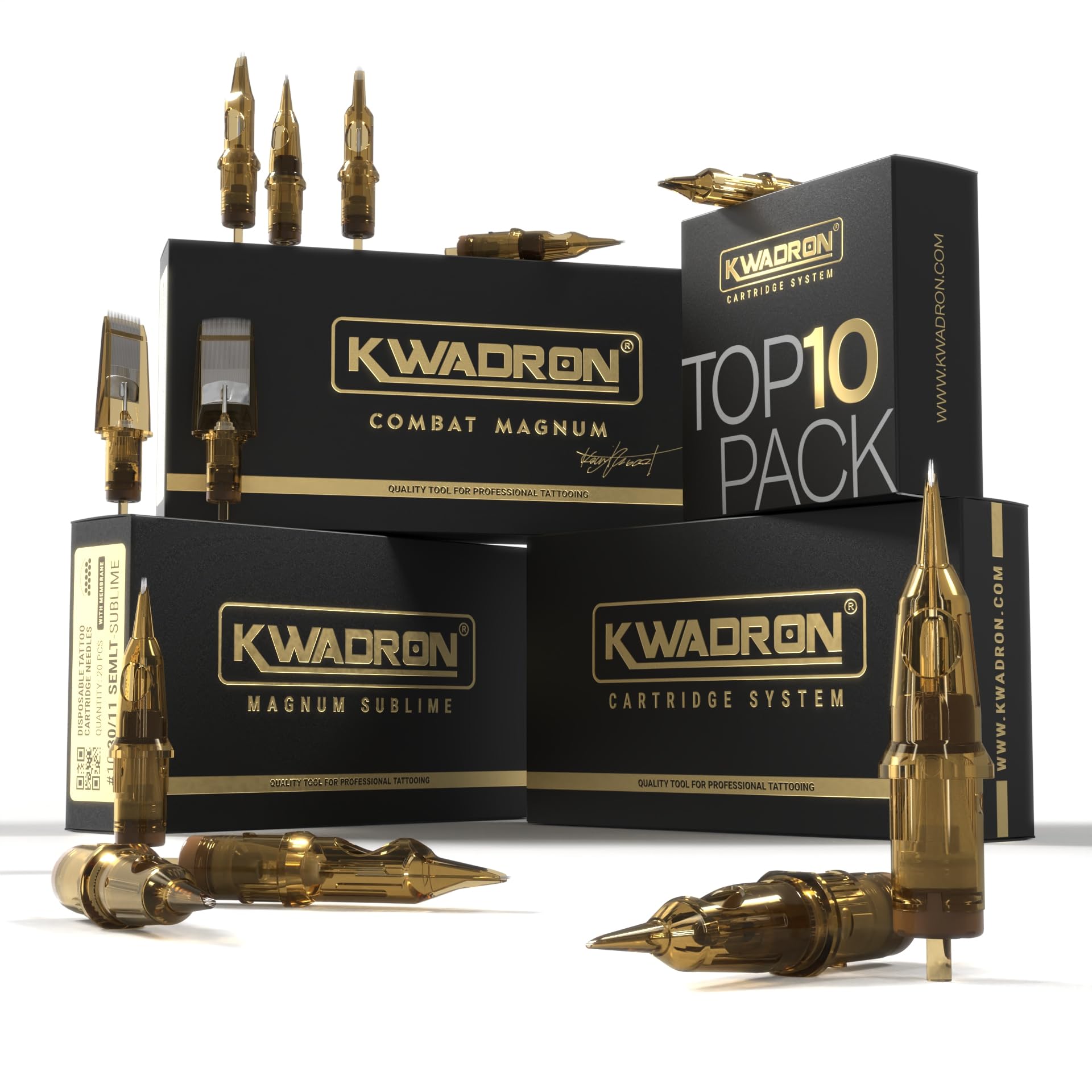 Caja de 20 cartuchos Kwadron para tatuaje, enfoque en la precisión para trazos limpios.