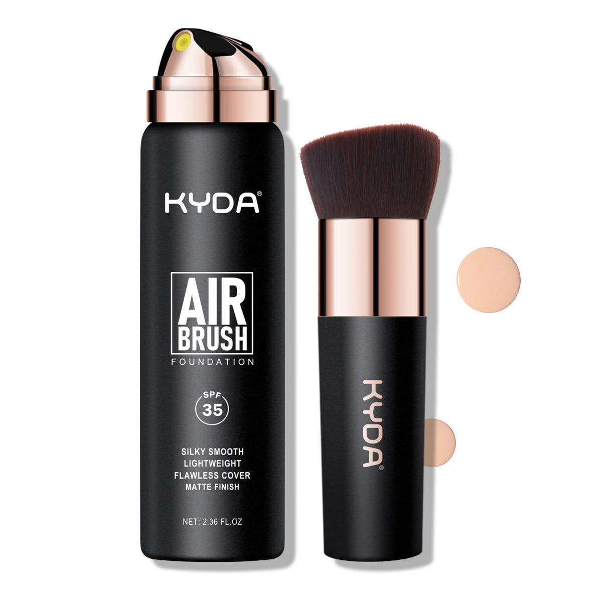 KYDA base en aerosol: botella elegante con cobertura sedosa.