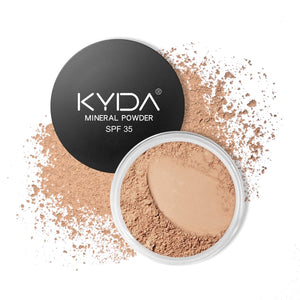 KYDA Polvo mineral base SPF35, acabado natural para rostro luminoso.