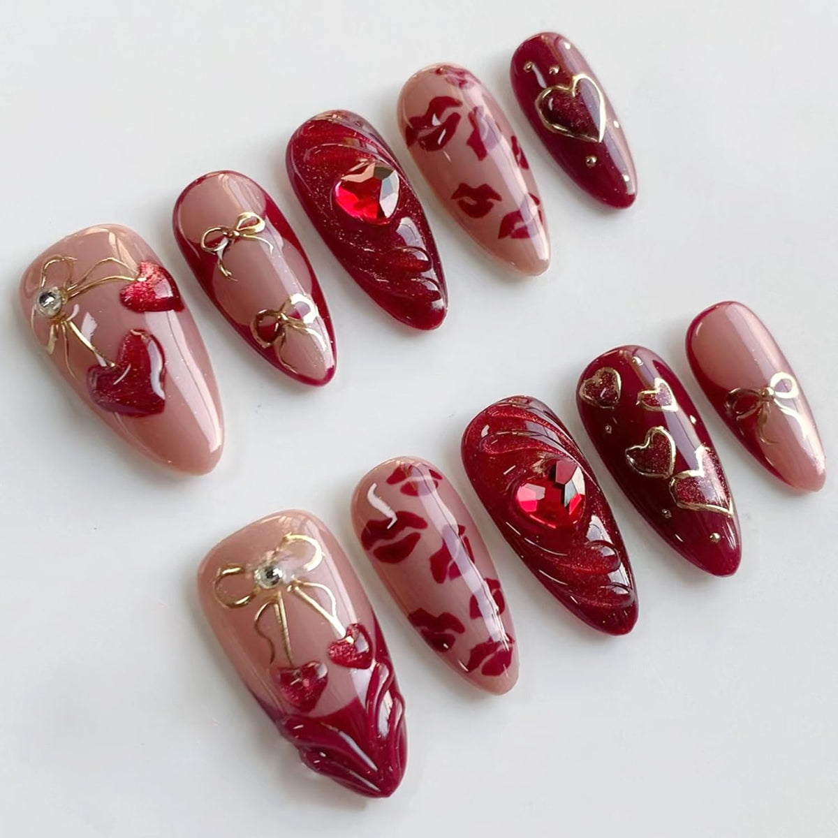 Uñas postizas KZBTRBT con corazón rojo 3D para look festivo