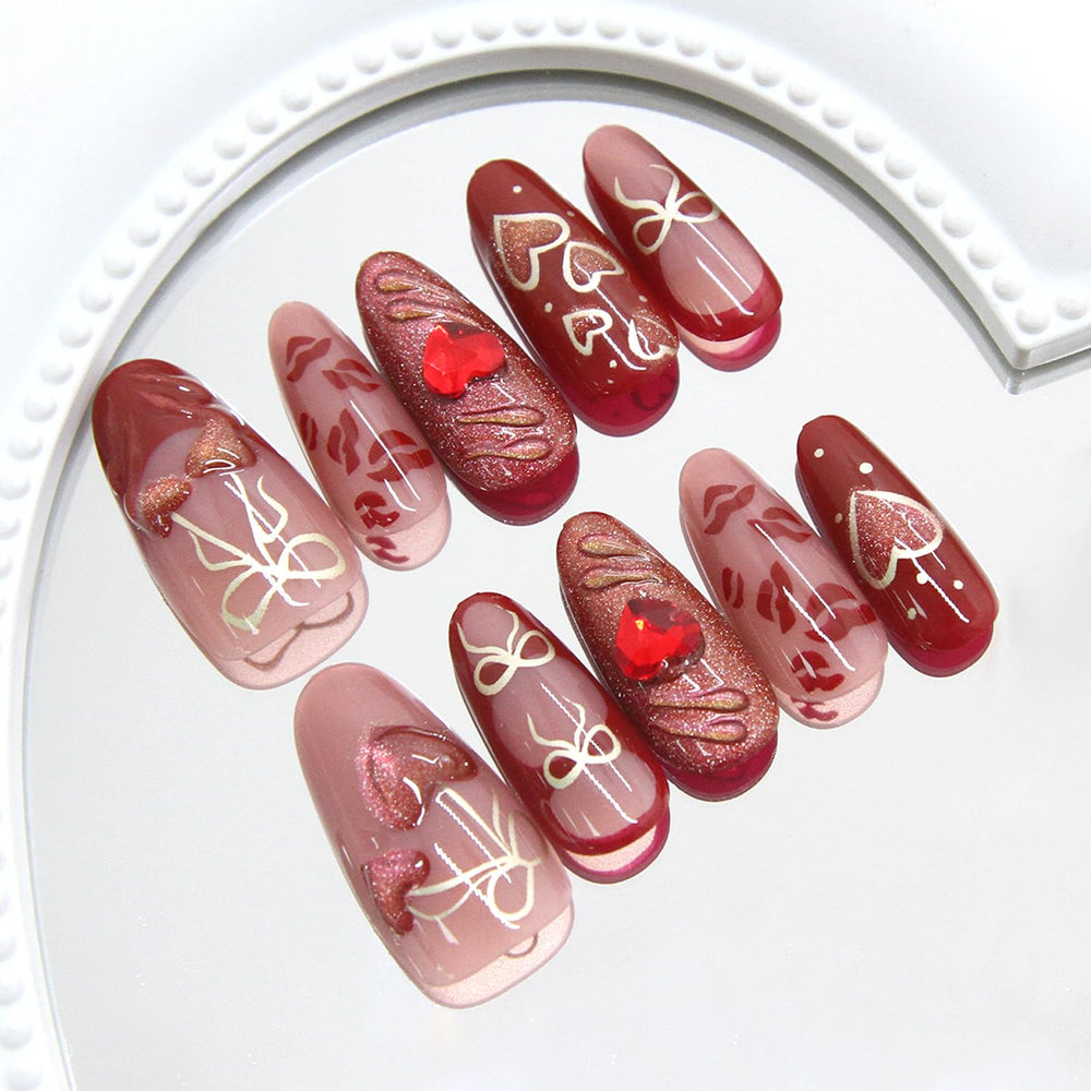 Uñas postizas KZBTRBT con labios rojos, acabado brillante