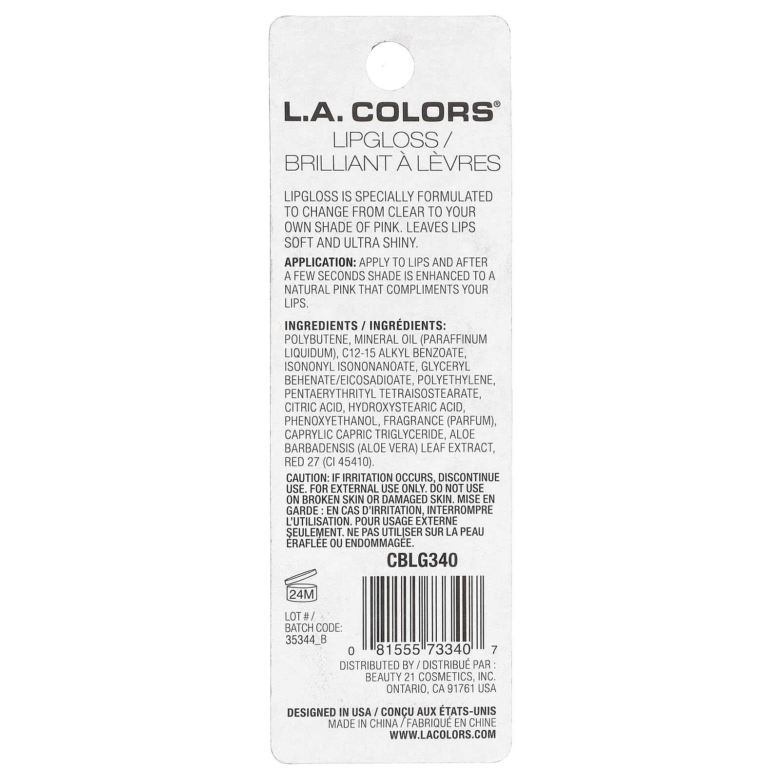 L.A. COLORS brillo labial textura suave y nutritiva para uso diario.