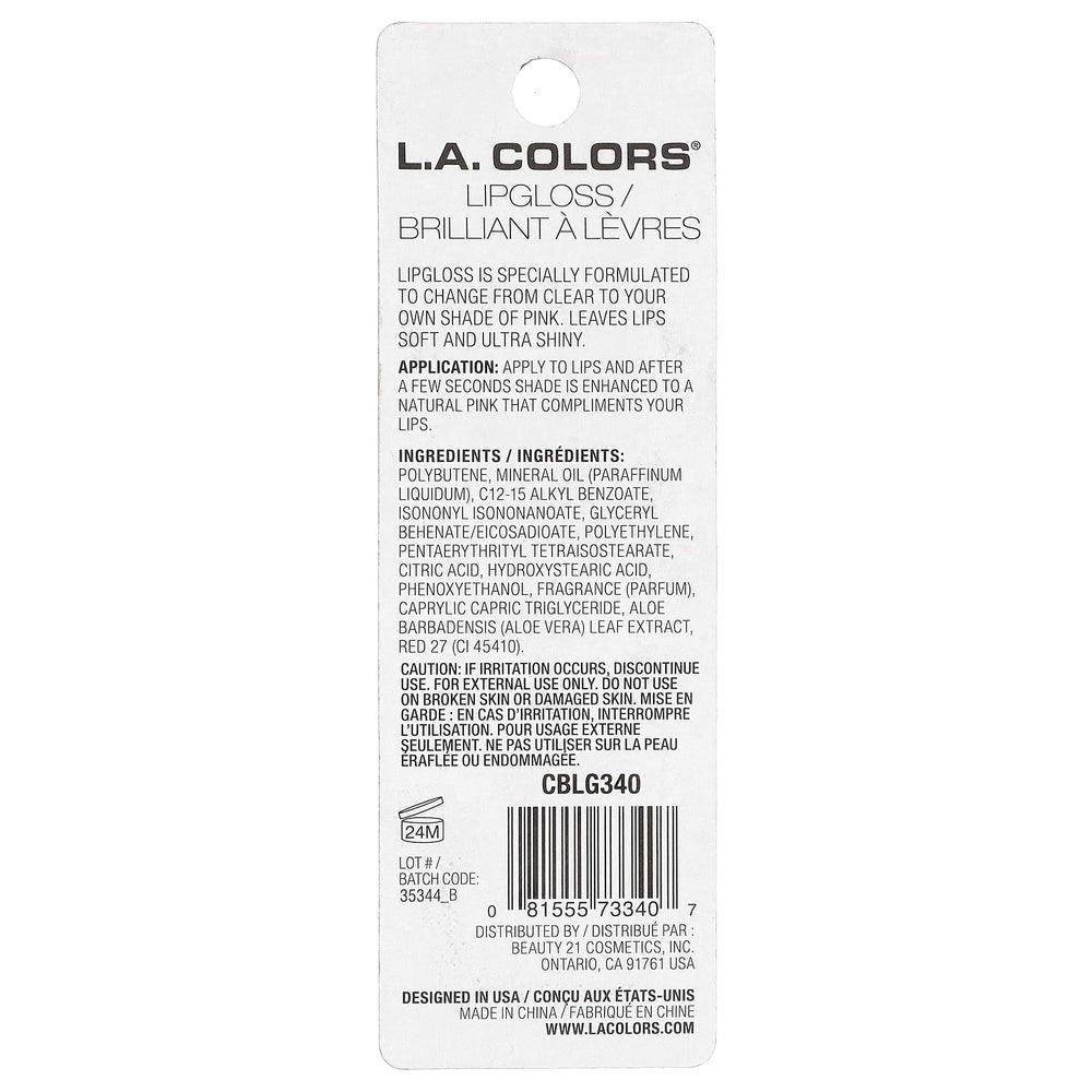 L.A. COLORS brillo labial textura suave y nutritiva para uso diario.