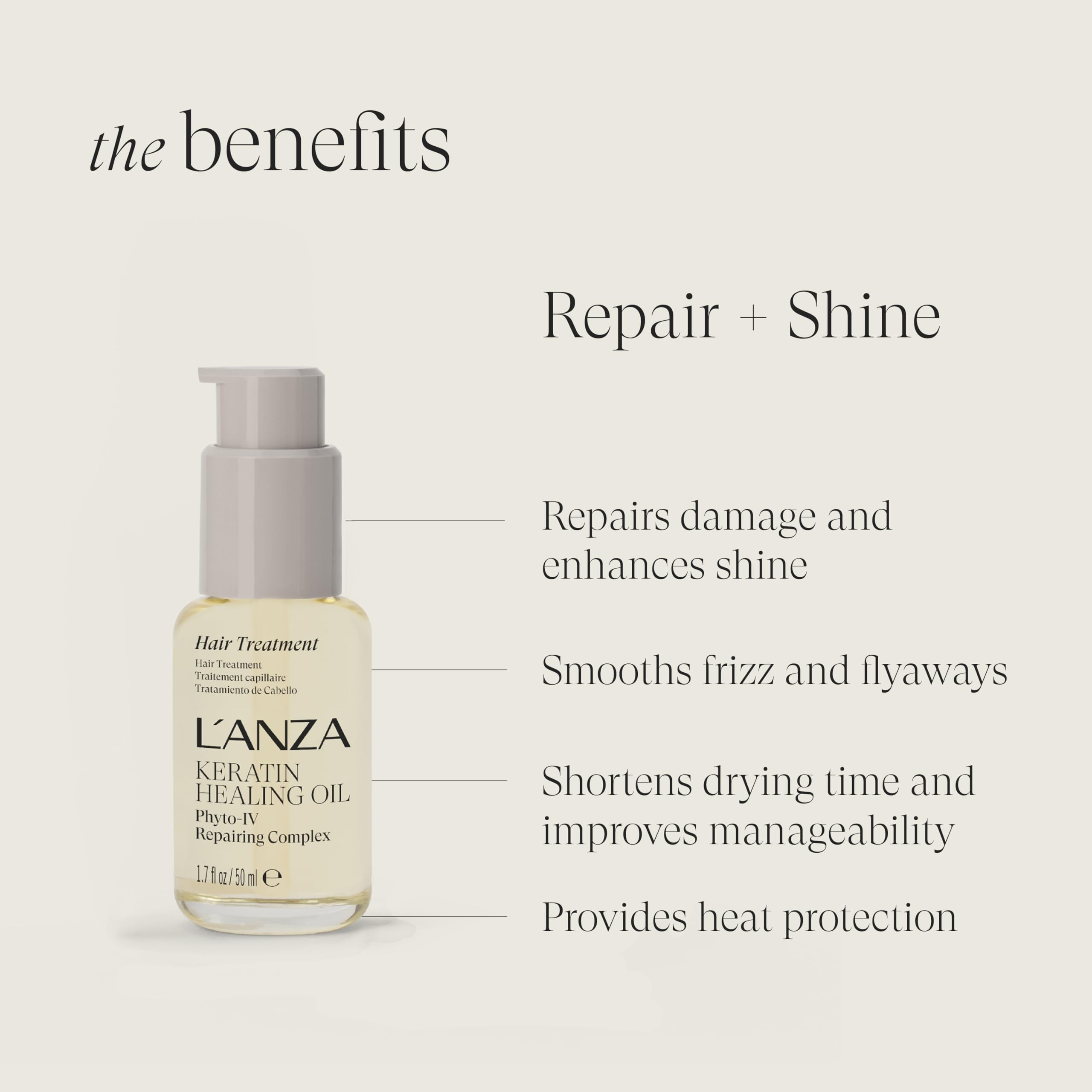 Aceite reparador de L’ANZA: elasticidad y suavidad en cada mechón.