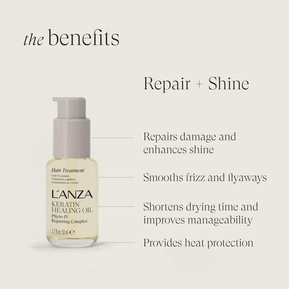 Aceite reparador de L’ANZA: elasticidad y suavidad en cada mechón.