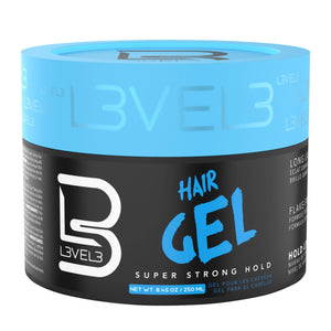Gel L3 para cabello con fijación súper fuerte que mantiene el estilo todo el día.