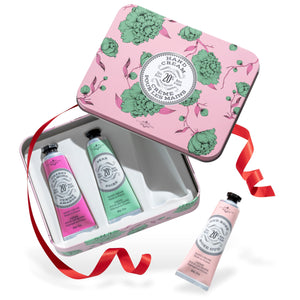 La Chatelaine Rose, crema de manos en trío en lata regalo; hidratación suave para la piel.