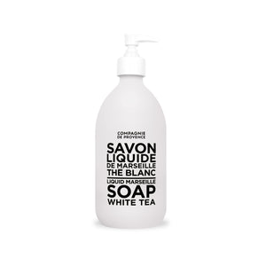 La Compagnie de Provence jabon Marsella liquido te blanco en frasco vidrio con bomba.