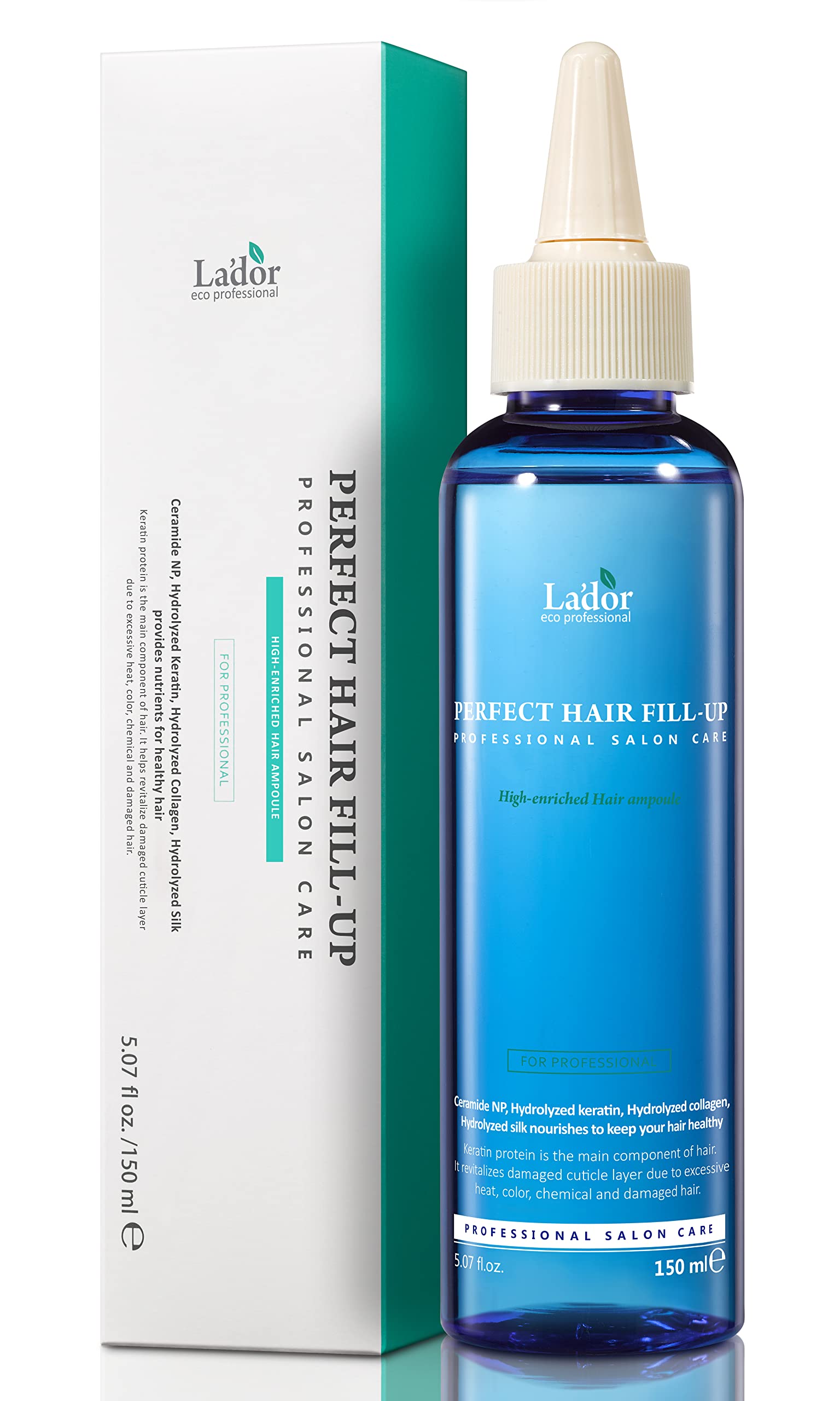LA'DOR botella de mascarilla keratina para cabello dañado, ofrece hidratación profunda.