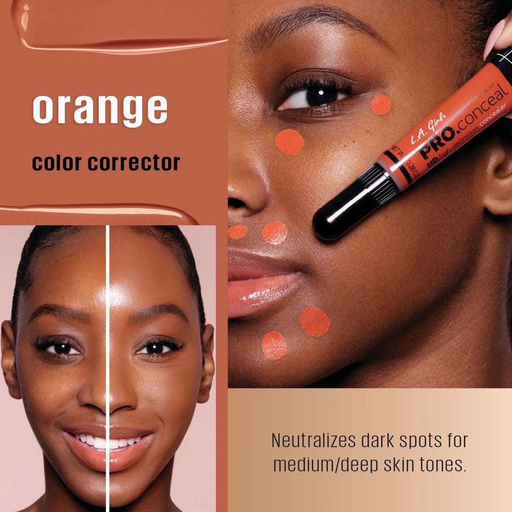 L.A. Girl Pro Conceal HD Corrector naranja neutraliza manchas oscuras localmente.
