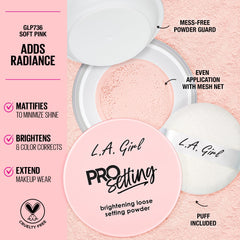 L.A. Girl Pro Setting Soft Pink, acabado luminoso suave para un look natural.