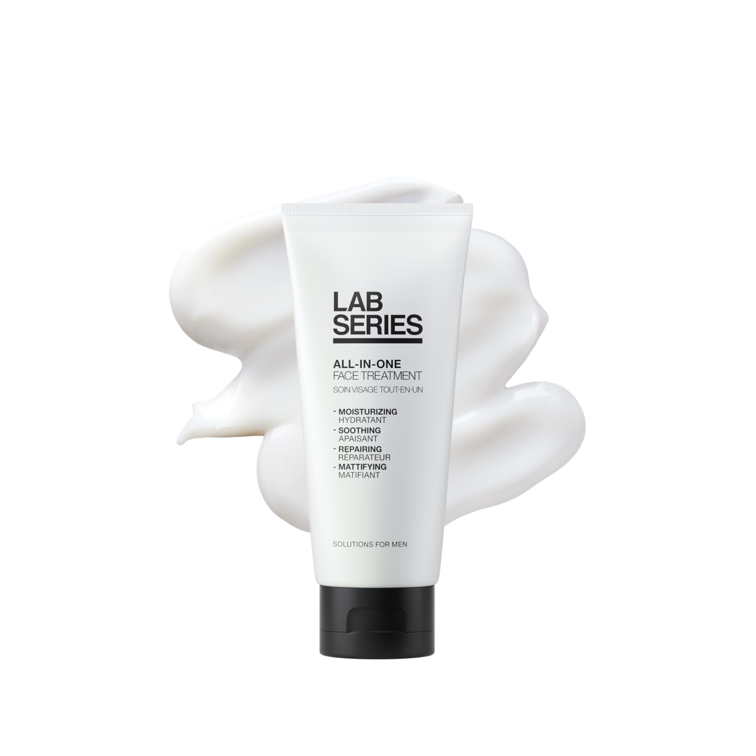 Lab Series Tratamiento Facial Todo-en-Uno, botella; uso diario y piel equilibrada.