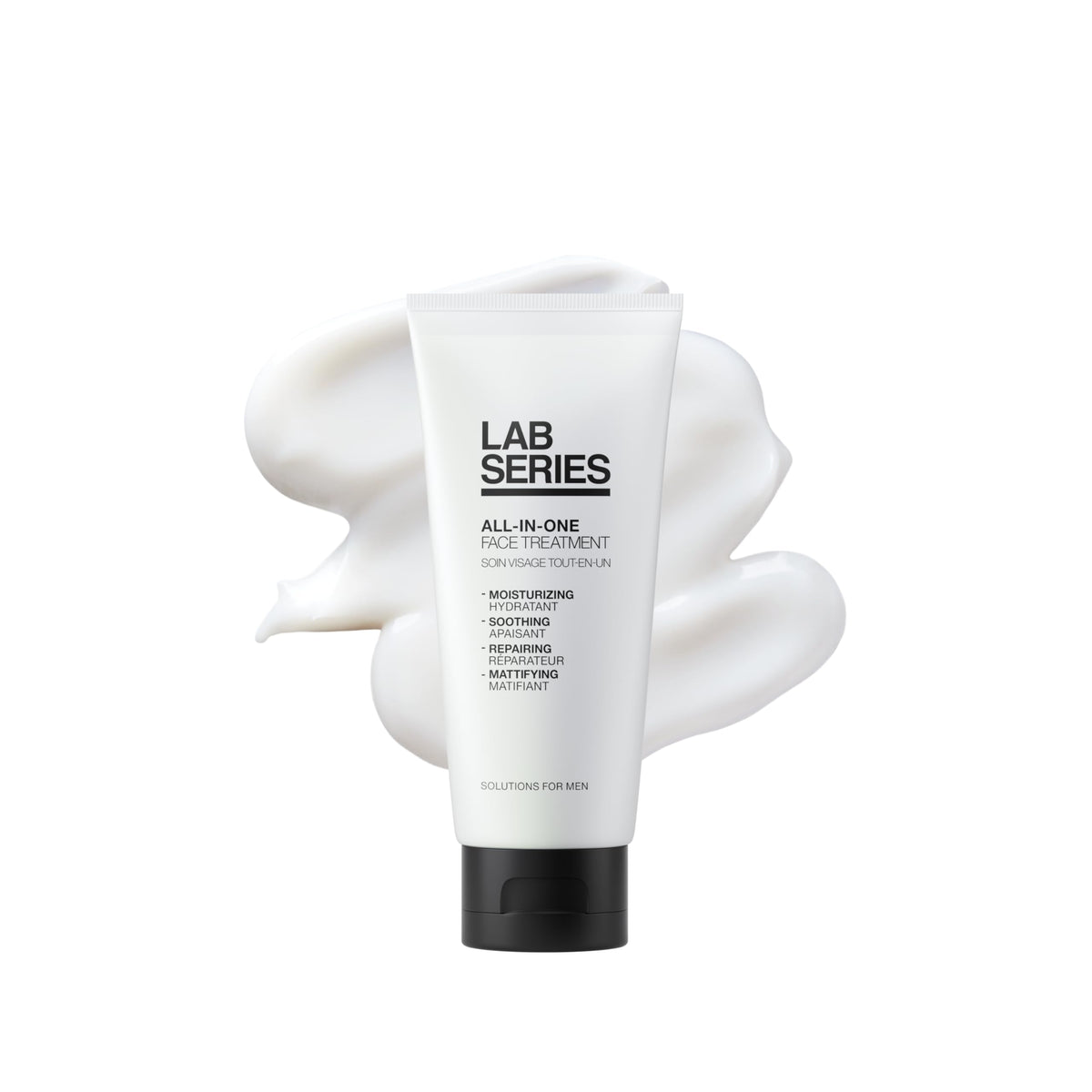 Lab Series Tratamiento Facial Todo-en-Uno, botella; uso diario y piel equilibrada.