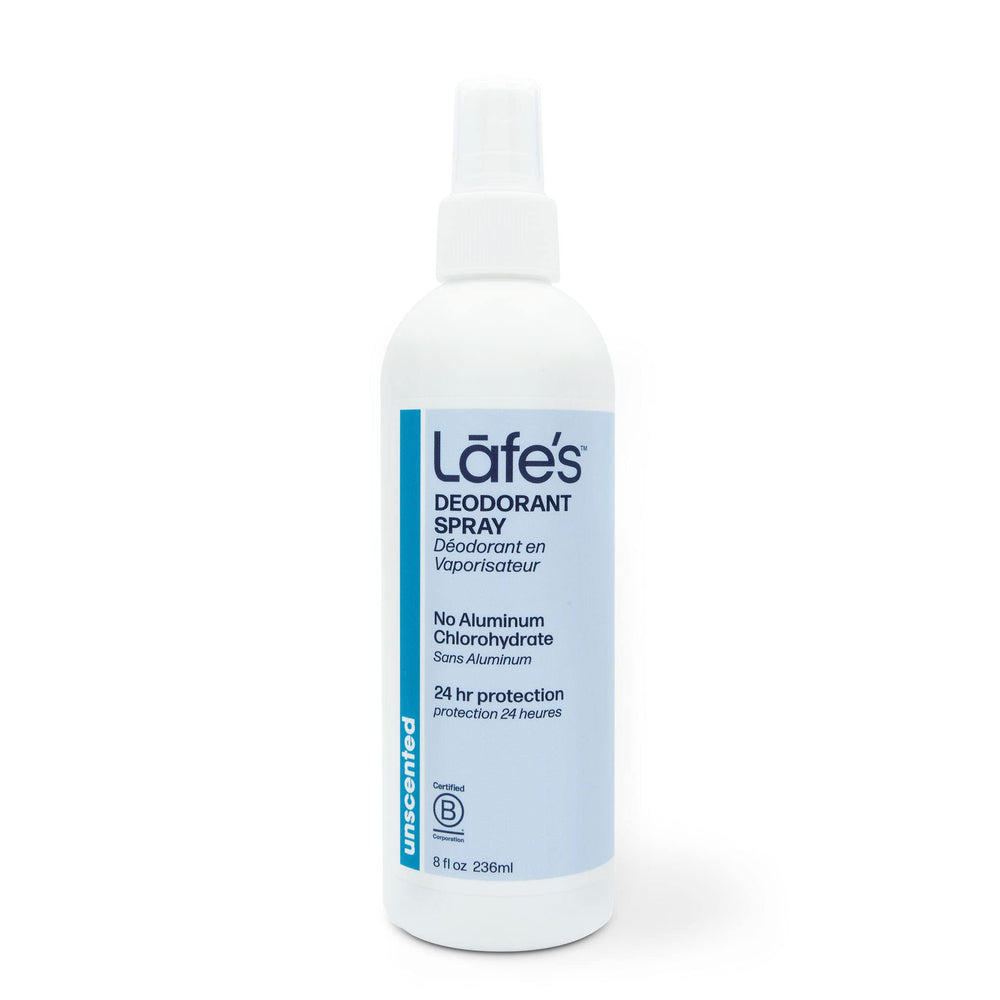 Lafe's desodorante natural en spray sin aroma para uso diario.