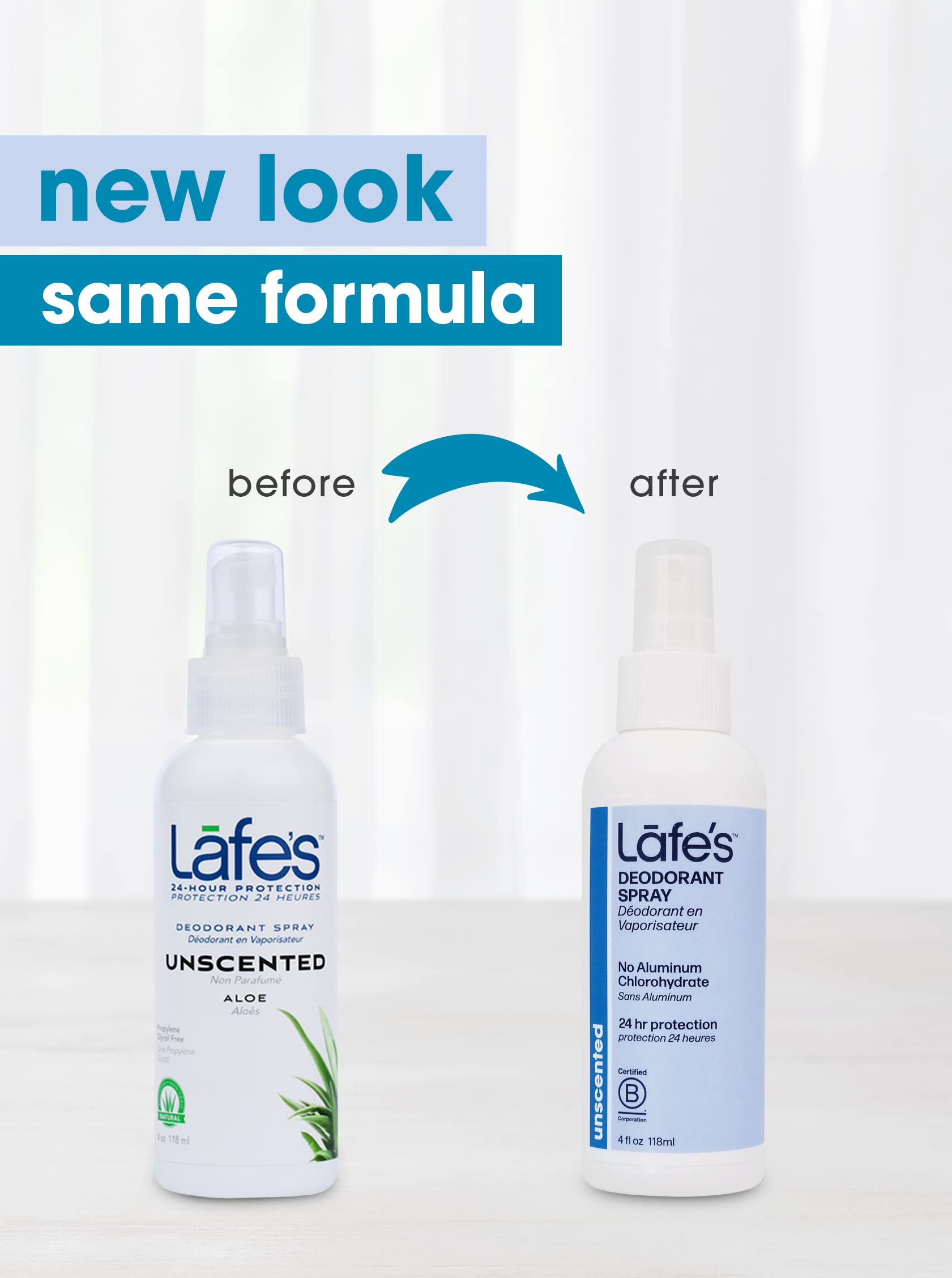 Lafe's fórmula natural sin toxinas en desodorante spray para piel sensible.