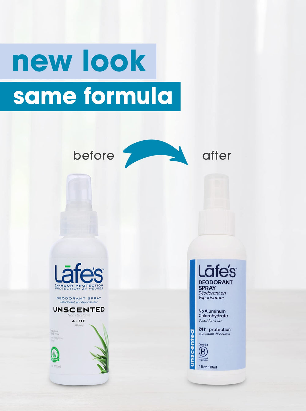 Lafe's fórmula natural sin toxinas en desodorante spray para piel sensible.