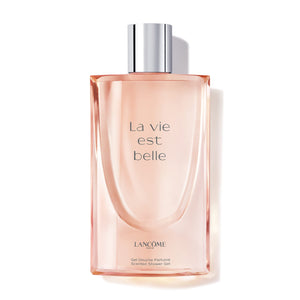Lancôme La Vie Est Belle gel de ducha botella, fragancia suave para la piel.