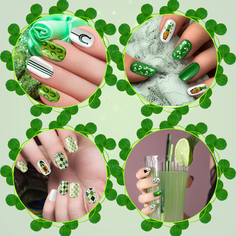Landhoow uñas cuadradas verdes con trébol, estilo clásico para eventos