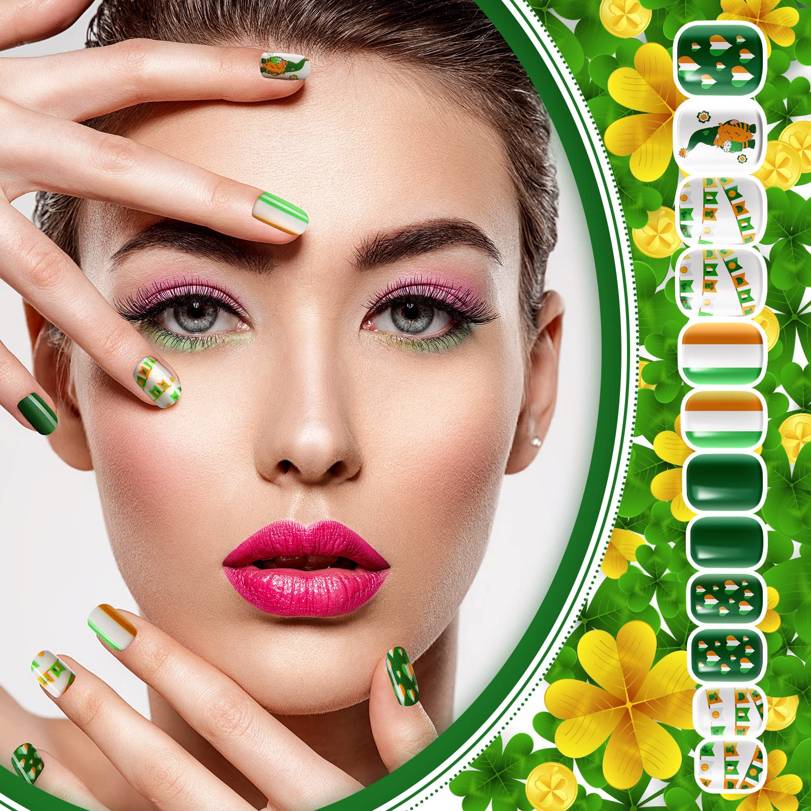 Landhoow uñas postizas verdes con diseño trébol, ideal para fiestas