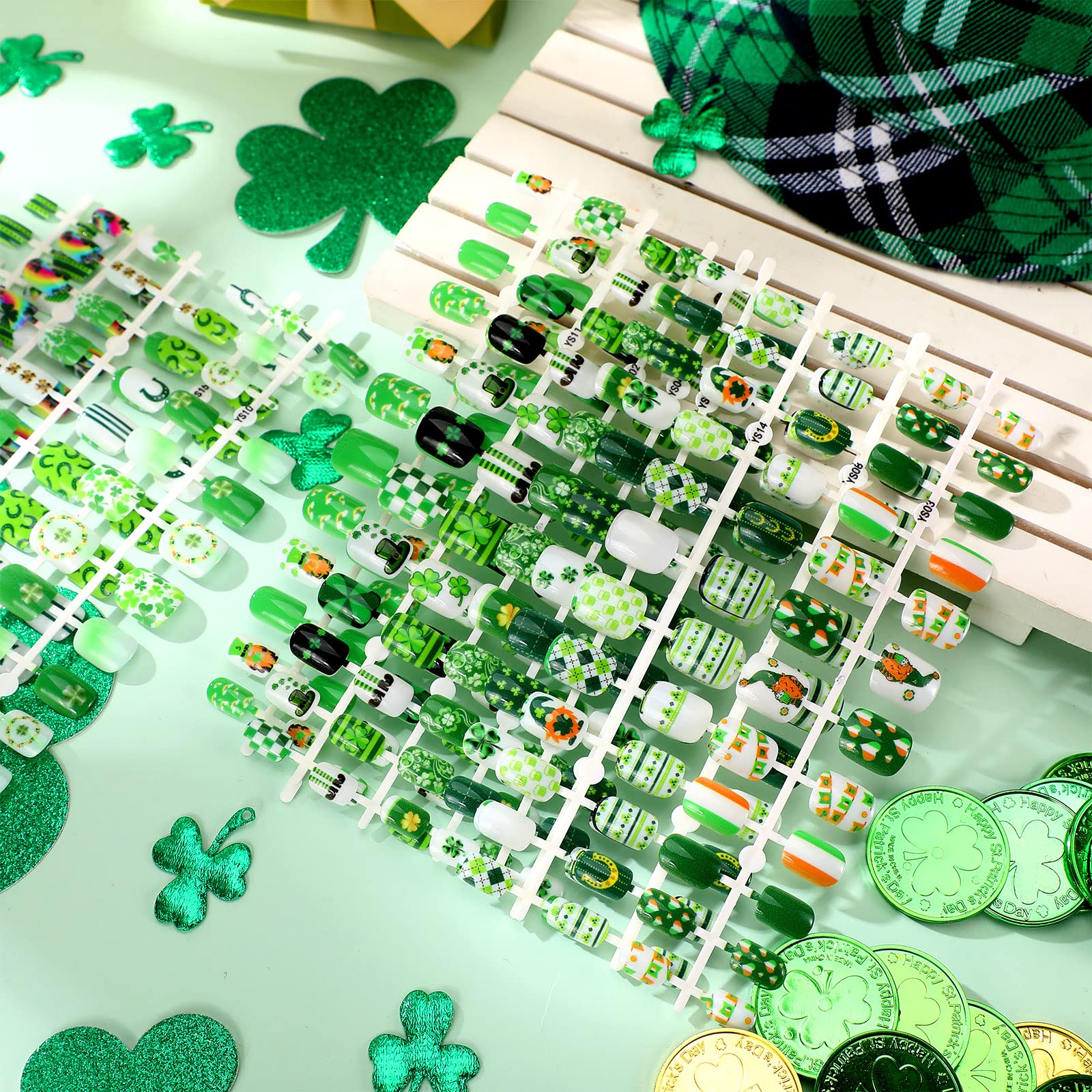 Landhoow uñas acrílicas Día de San Patricio, verde, longitud corta