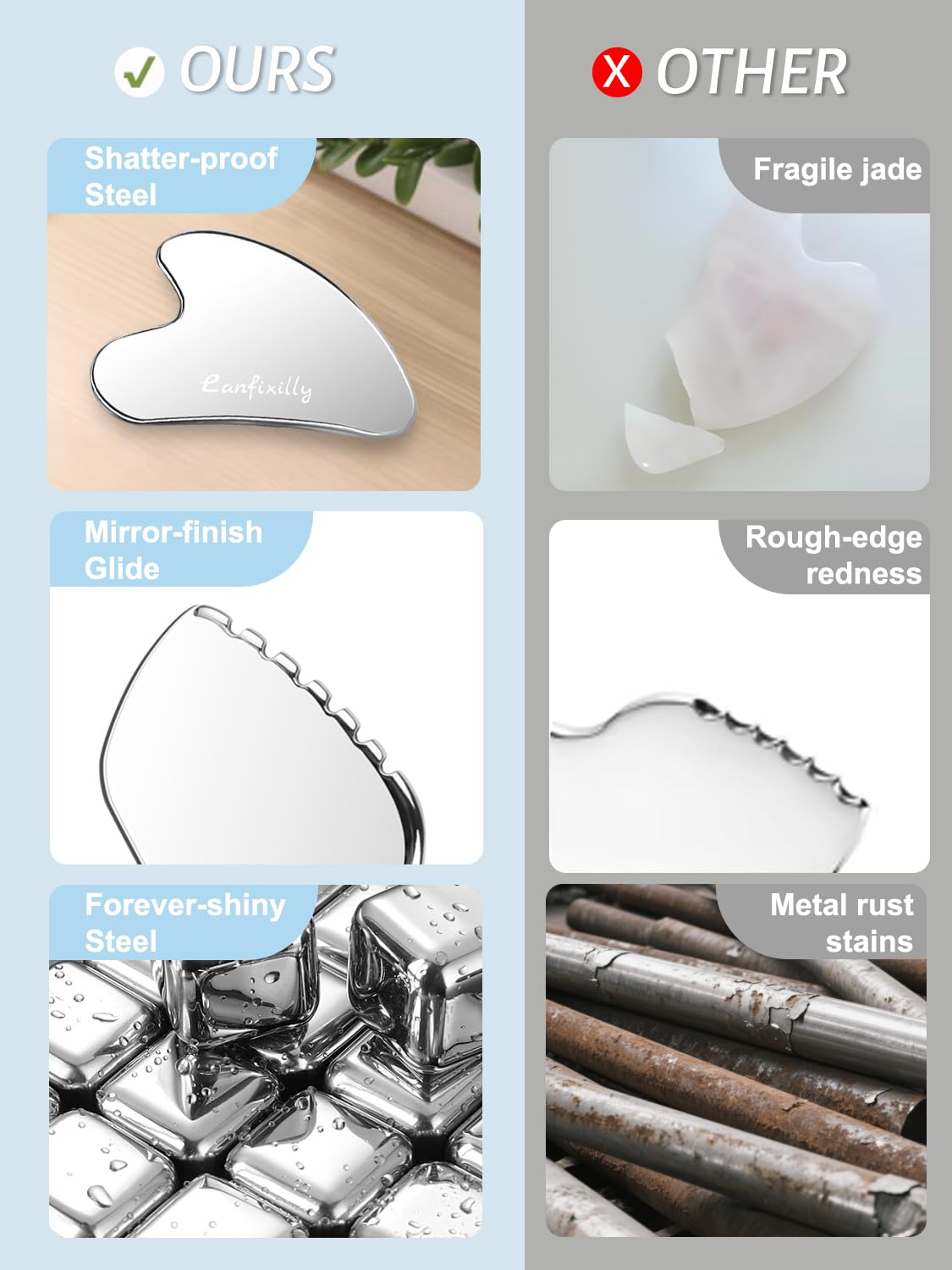 Lanfixilly gua sha con bordes pulidos para deslizamiento suave y limpieza fácil.