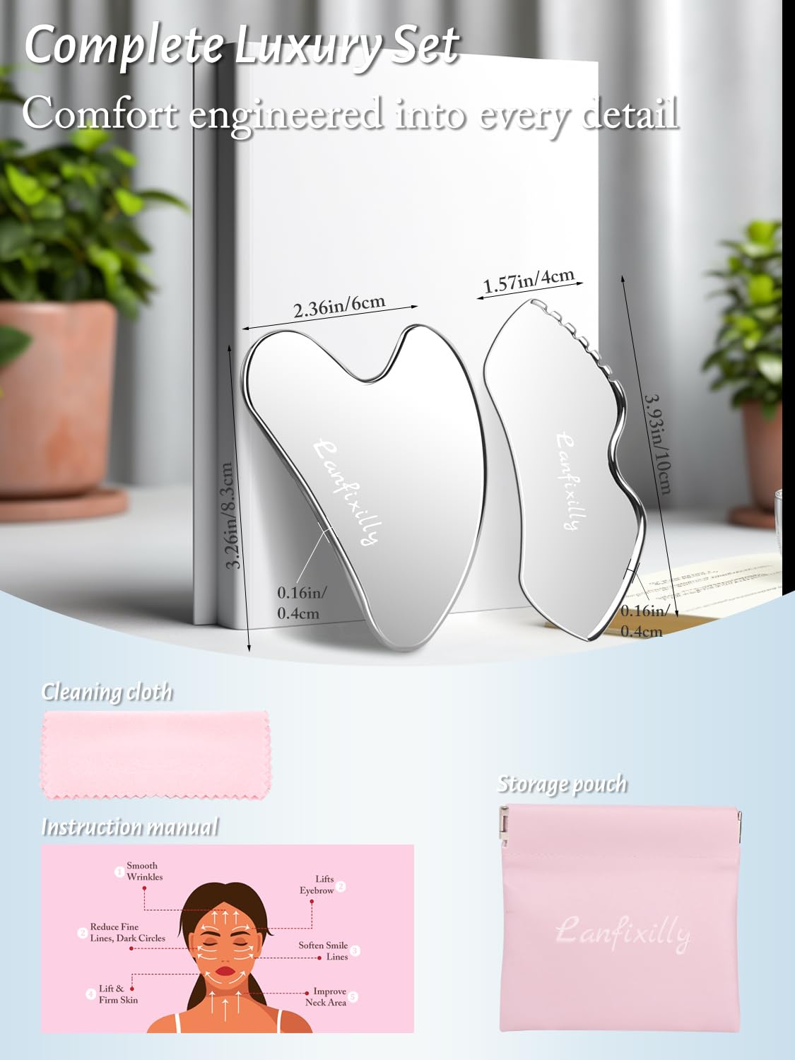 Lanfixilly gua sha detallador para debajo de ojos y cuello, ayuda a definir zonas delicadas.