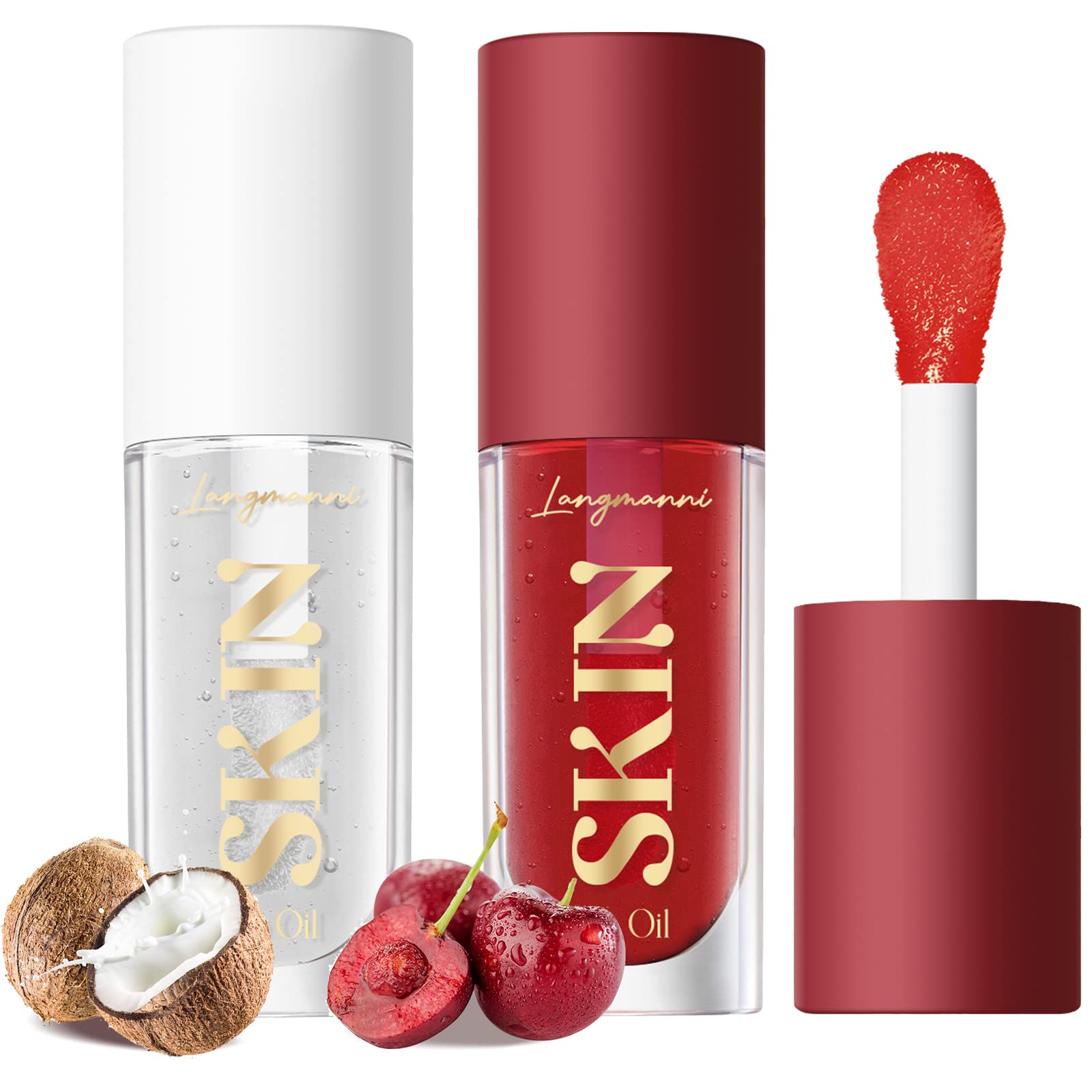 Langmanni Aceite Labial: botella con cereza y coco para hidratación duradera.